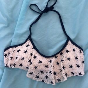 Star print ruffled bikini top
